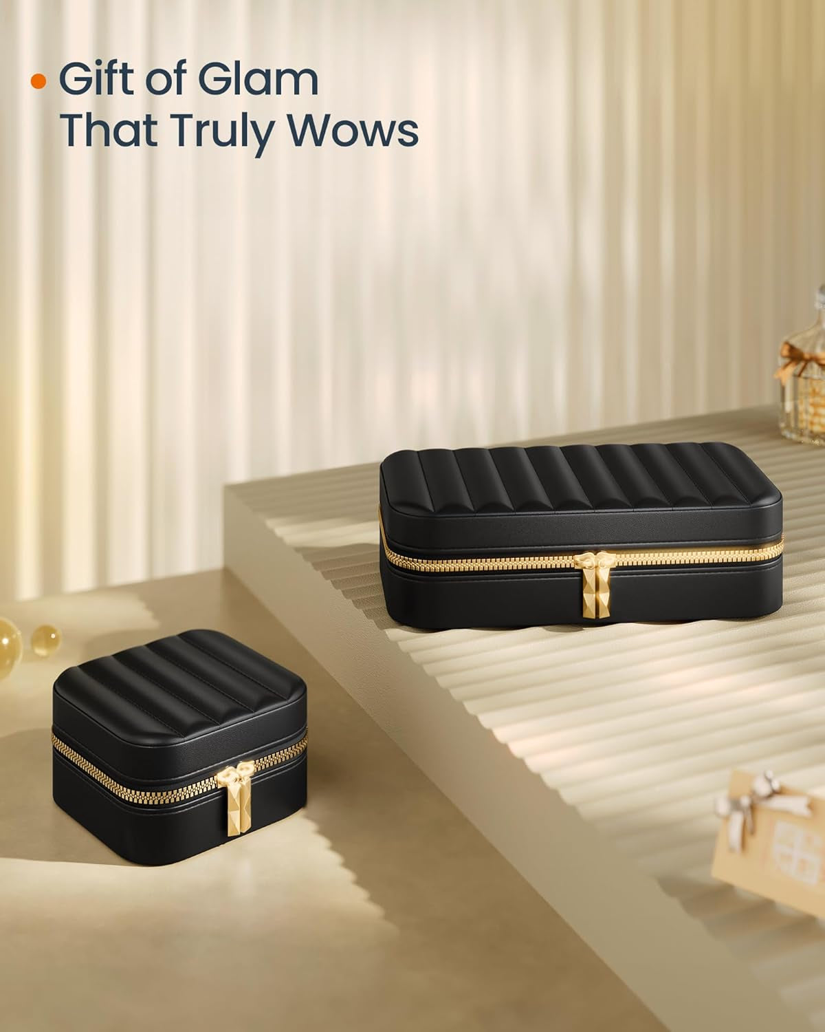 2-Layer Jewelry Box with Handle and Rectangular Travel Jewelry Box Bundle, Removable Jewelry Tray, with Mirror, PU, Zippers, Gift Idea, Ink Black UJBC165B01 and UJBC180B01