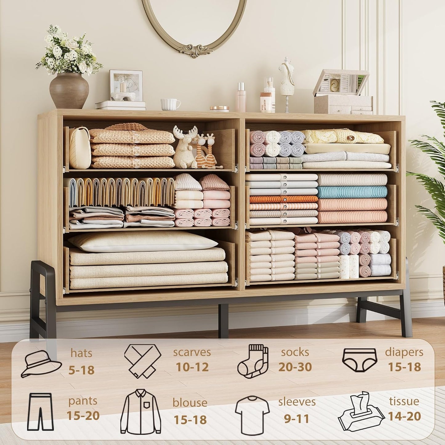 6 Dresser for Bedroom, 52" Wide Drawer with Large Storage Space, Freestanding Wooden Closet Storage Dresser Chest for Living Room, Bedroom, Entryway, Natural Oak