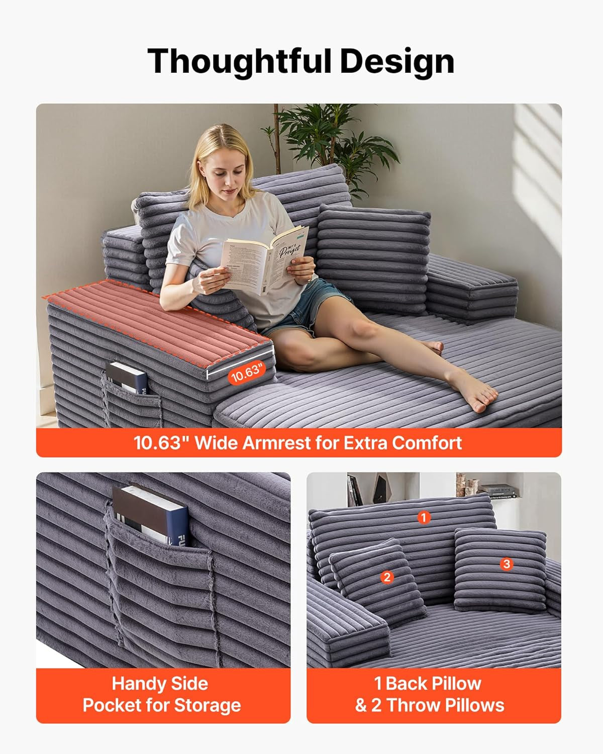 Chaise Lounge Chair, 48 in Boneless Chaise Lounge Indoor, Modern Upholstered Oversized Reading Chair with Throw Pillows & Armrests, Sofa Couch Deep Seat Sleeper for Living Room, Bedroom, Balcony