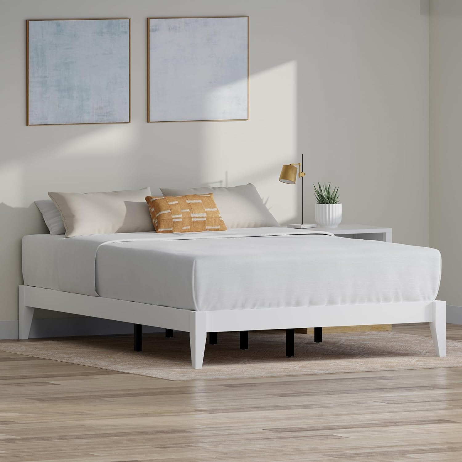 Serene Farmhouse Style Wood Bed Frame in Queen Size (No Headboard) - Coastal Modern Design, Sturdy, Easy Assembly, Ample Underbed Storage, White Finish