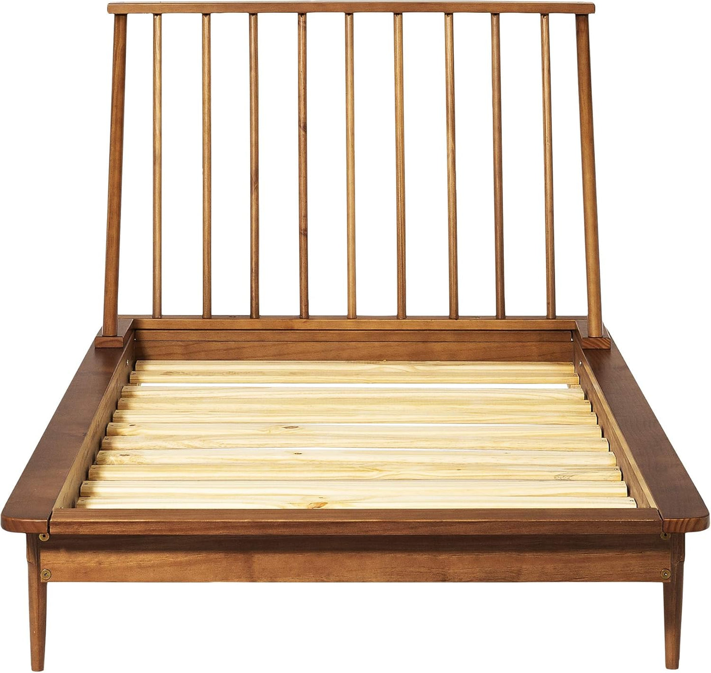 Mid Century Modern Solid Wood Spindle Platform Bed Headboard Footboard Bed Frame Bedroom, Twin, Caramel