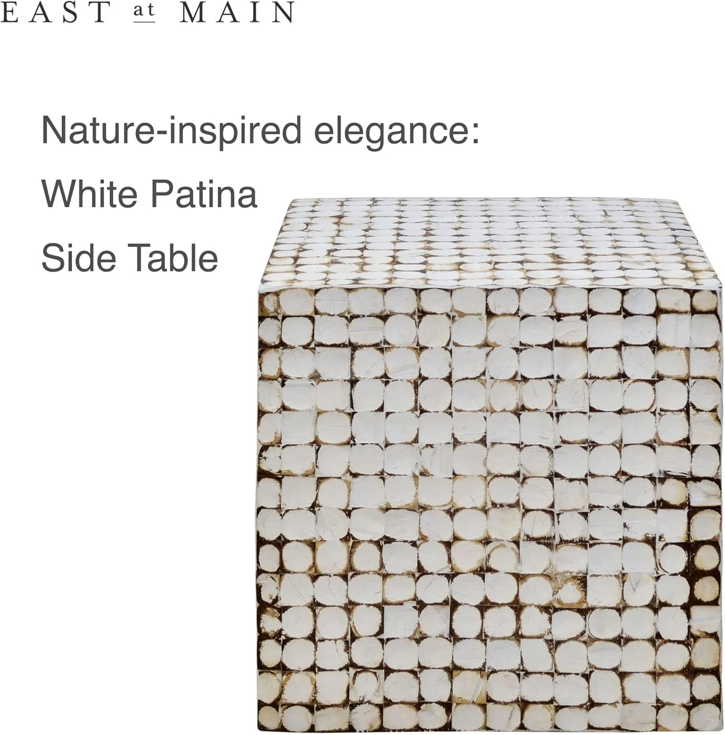 round Side Table - Real Coconut Shell Mosaic Inlaid, Pre-Assembled, Natural Wood and Patina Finish (White/Square)