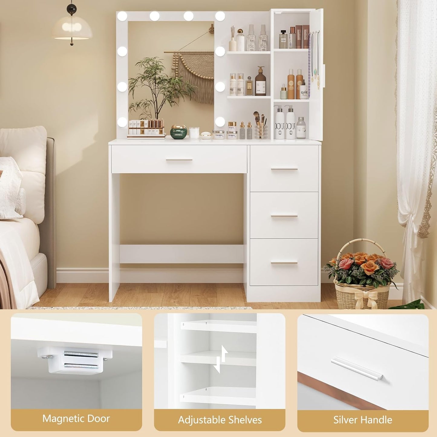 Makeup Vanity with Lights, Vanity Desk with Mirror and 10 LED Lights, Vanity Table Set with 4 Drawers, Cabinet & 4 Necklace Hooks, Dressing Table for Bedroom, White