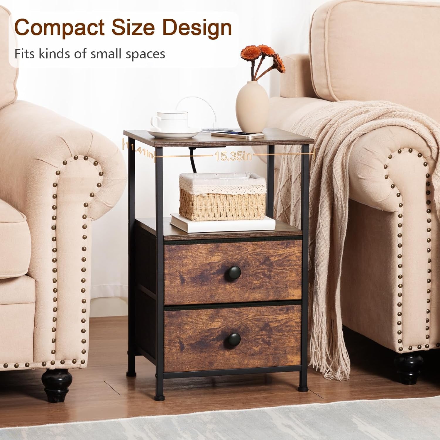 Night Stand Set 2, Nightstand with Charging Station, End Tables with Storage Shelf for Small Spaces, Bedside Table Side Tables with 2 Fabric Drawers for Bedroom, Rustic Brown, HETS020PBR