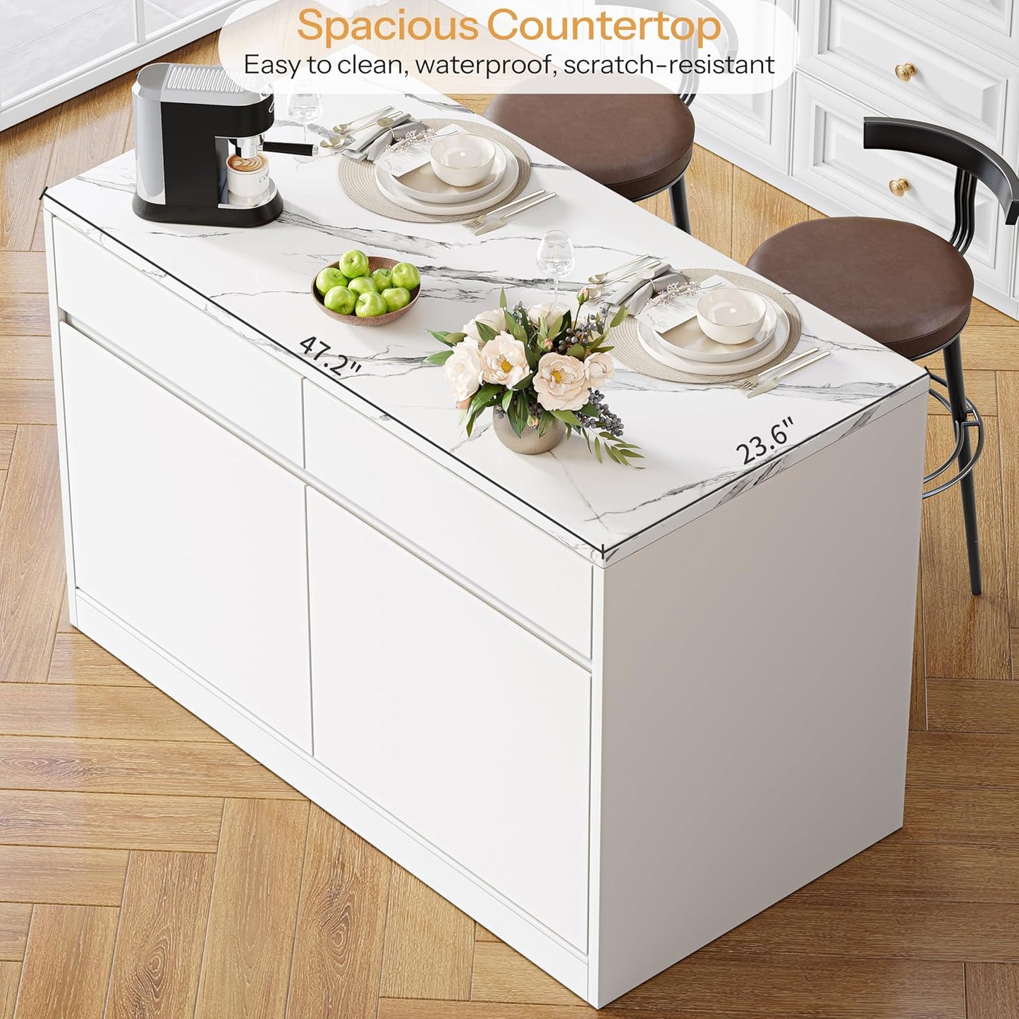 Kitchen Island with Storage, 47.2" Large Faux Marble Countertop Kitchen Island with 2 Drawers and Adjustable Shelves, Coffee Bar Station, Beveled Edge Door Cabinet, Dining Table for 2-4 People, White