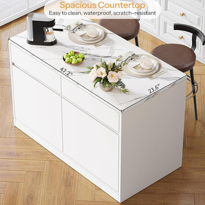 Kitchen Island with Storage, 47.2" Large Faux Marble Countertop Kitchen Island with 2 Drawers and Adjustable Shelves, Coffee Bar Station, Beveled Edge Door Cabinet, Dining Table for 2-4 People, White