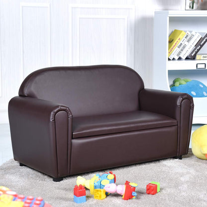 Kids Couch, 2 in 1 Double Seat Children'S Sofa W/Under Seat Storage, PU Leather Surface, Toddler Armrest Chair, Kids Room, Soft Sofa with Storage for Preschool Baby Boys Girls Gifts