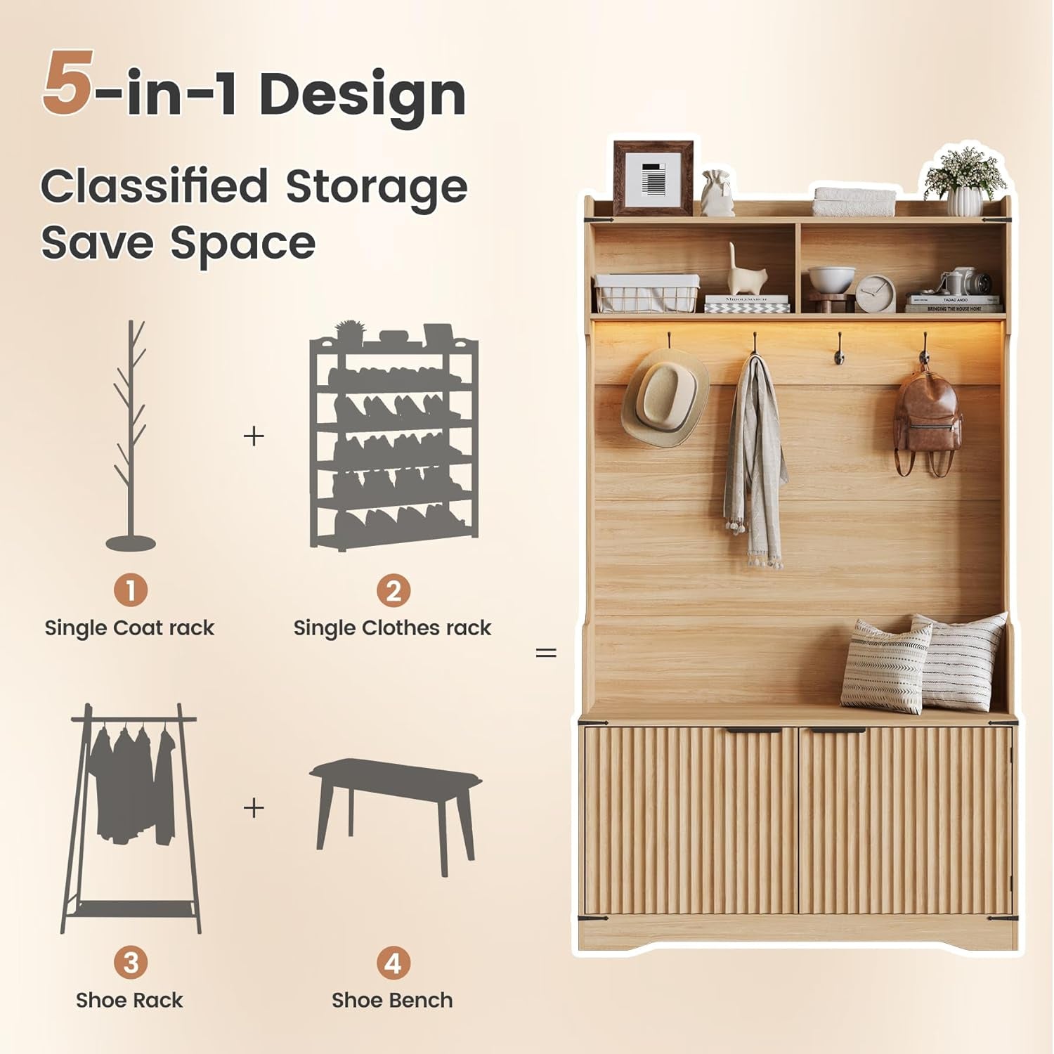 67" Entryway Hall Tree with Bench and Shoe Storage, 5-In-1 Coat and Shoe Rack, Mudroom Bench with Storage and 4 Hooks, Adjustable LED Sensor Light, Modern Boho Fluted Coat Tree, Walnut