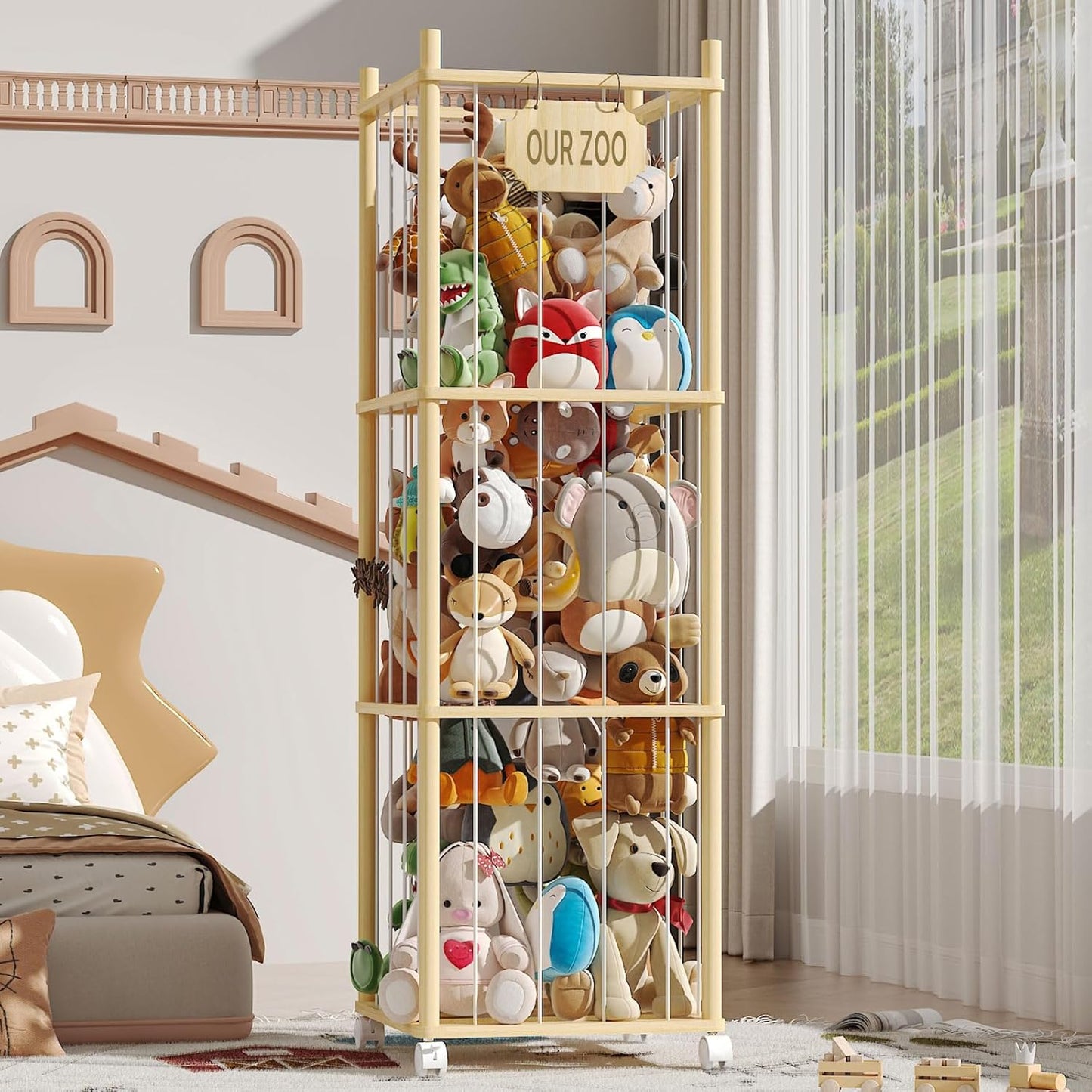 Stuffed Animal Storage & Organizer with Wheels, 225QT Oversize Zoo Toy Holder with Hammock Baby Hanging Storage Net, Giant Plush Toy Organizer for Toddler Rooms,Playroom16.5"L*16.5W*53"H(3Layer)