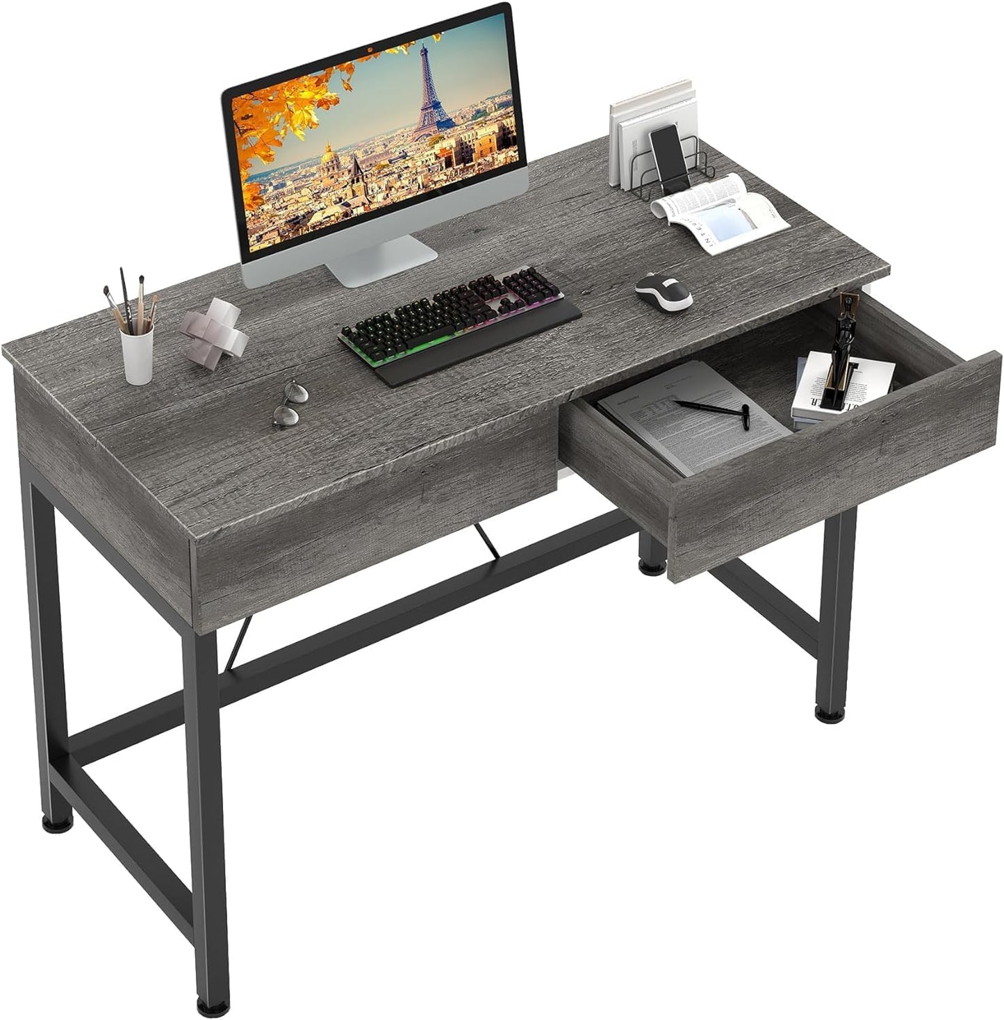40Inch Small Desk with 2 Wooden Drawers,Vanity Desks for Home Office with Storage, Simple Computer Desk for Small Space,Desk for Bedroom, Modern Writing Work Kids Study Desk Table, Grey Oak
