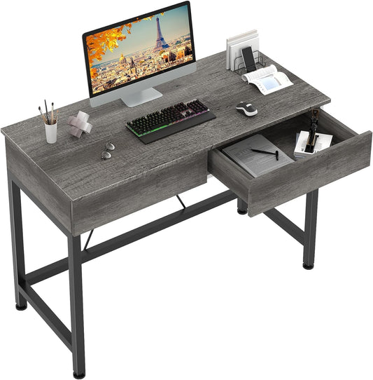 40Inch Small Desk with 2 Wooden Drawers,Vanity Desks for Home Office with Storage, Simple Computer Desk for Small Space,Desk for Bedroom, Modern Writing Work Kids Study Desk Table, Grey Oak