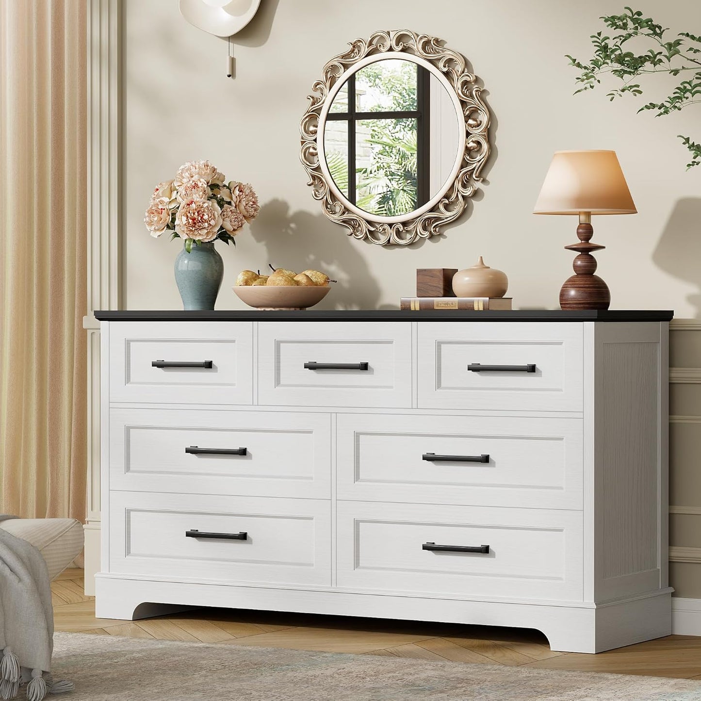 Farmhouse Dresser for Bedroom, 7 Drawers Dresser, Wood Chest of Drawers, 52" Wide Storage Dressers Organizer for Bedroom, Living Room, White and Black
