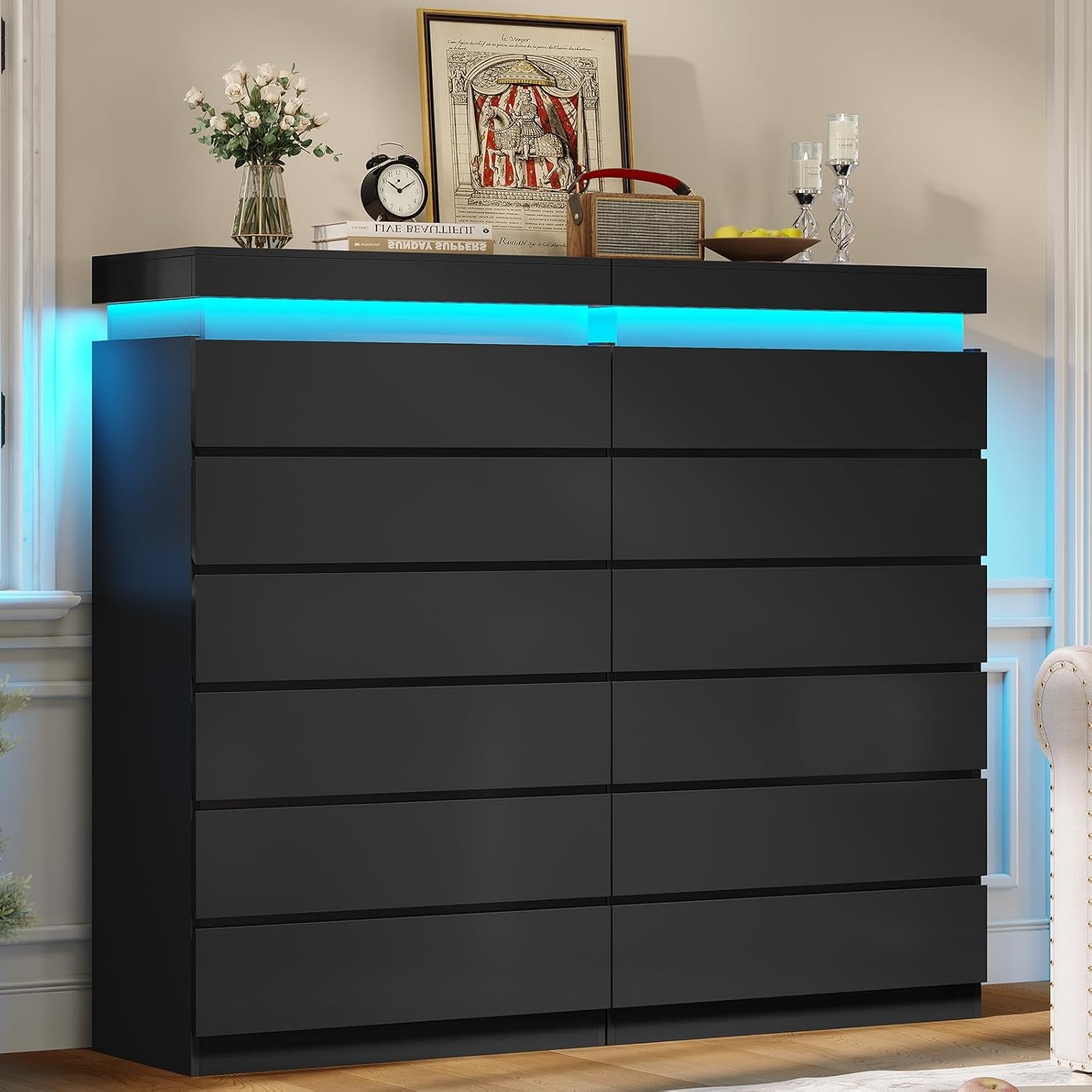 Tall 6 Drawer Dresser with LED Light, Black Modern Chest of Drawers for Bedroom,Closet Dressers with Drawers for Living Room, Entryway, Hallway