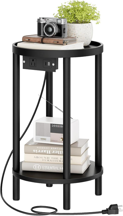 Small round Side Table with Charging Station, 2-Tier round Bamboo End Table, Compact Sofa Bedside Table for Small Space, Easy Assembly, for Living Room, Bedroom, Apartment, Black BB156UBZ01
