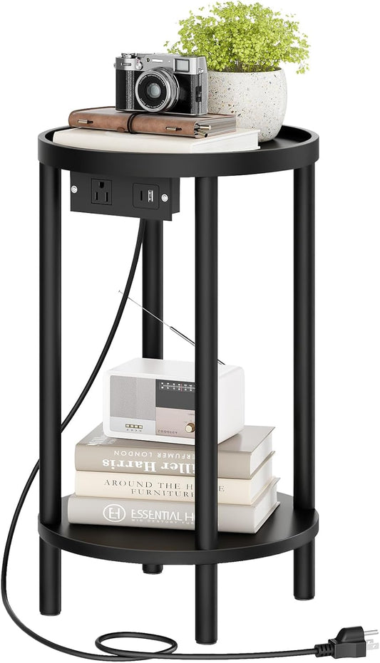 Small round Side Table with Charging Station, 2-Tier round Bamboo End Table, Compact Sofa Bedside Table for Small Space, Easy Assembly, for Living Room, Bedroom, Apartment, Black BB156UBZ01