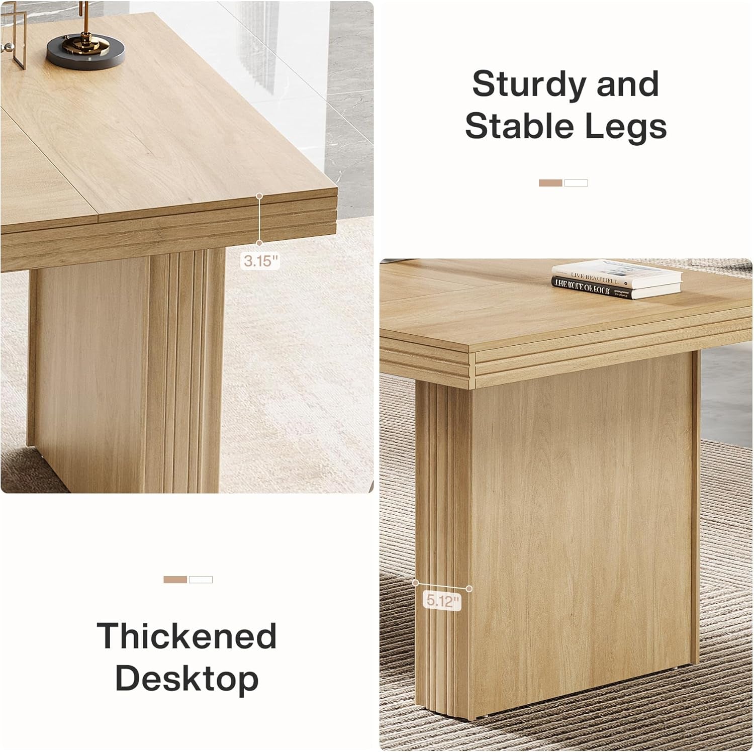 63" Executive Desk, Modern Executive Office Desk with Thickened Desktop and Heavy-Duty Legs, Wood Writing Workstation Study Table Conference Table for Office, Natural