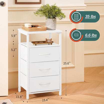 Night Stand with Charging Station, 16 Colors LED Nightstand with USB Ports and Outlets, End Table with 3 Fabric Drawers and Storage Shelf, Bedside Tables Small Dresser for Small Space White