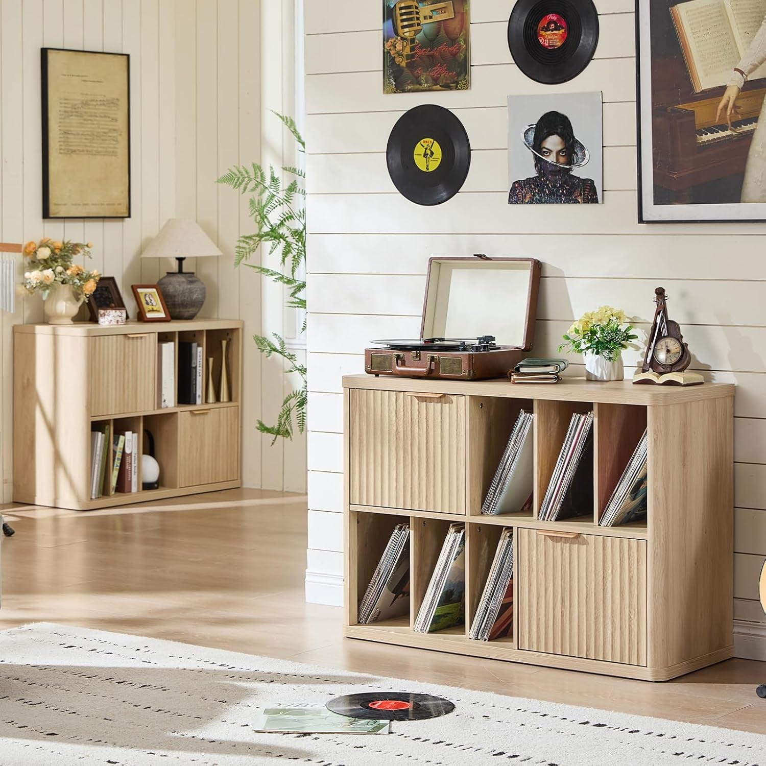Large Record Player Stand with Vinyl Storage up to 450 Albums, Wood Fluted Boho Record Storage Accent Cabinet, Modern Stereo Media Cabinets, Wide Turntable Stand for Living Room, Natural Oak