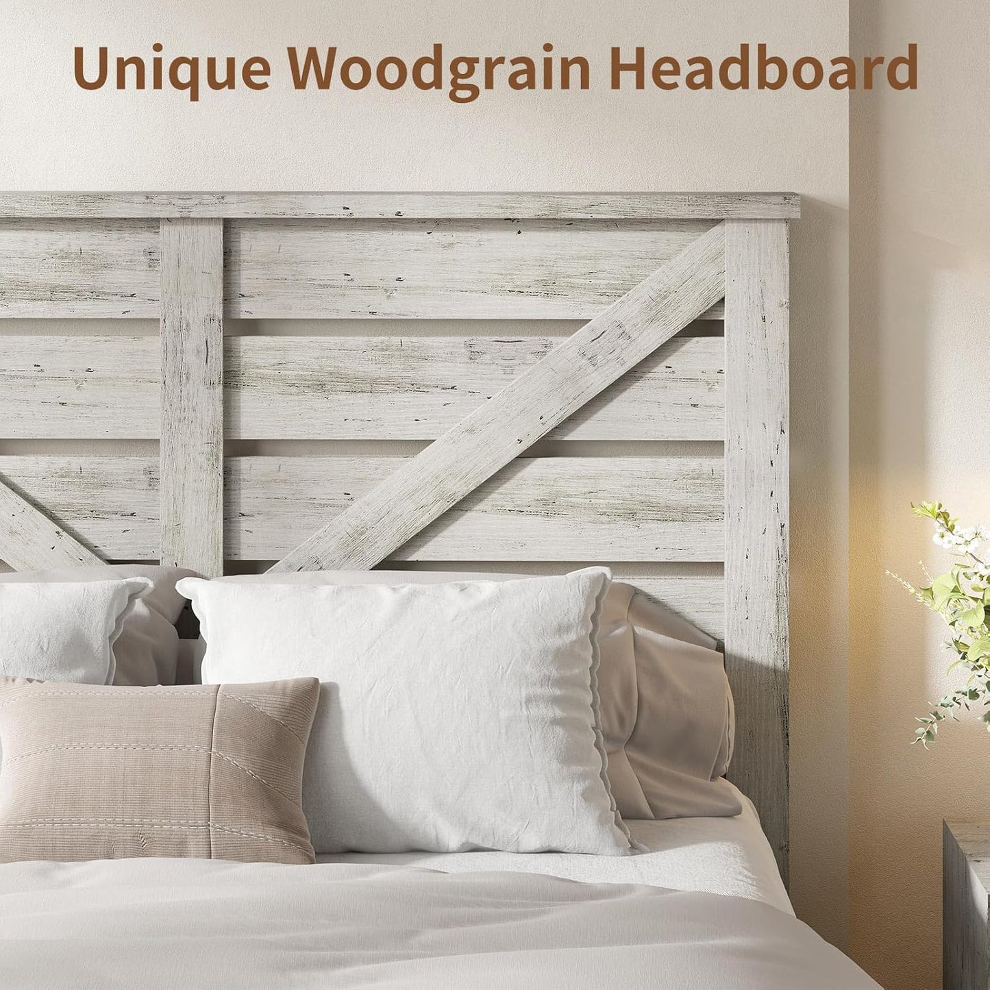 Queen Size Farmhouse Wooden Bed Frame, Platform Bed Frame with 49.2" Headboard/No Box Spring Needed/Noisy Free/Easy Assembly/Distressed White