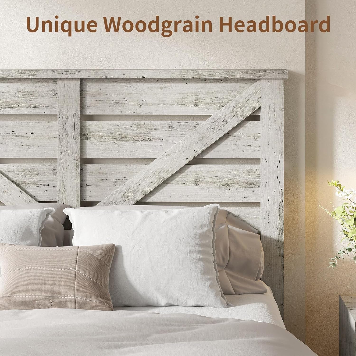 Queen Size Farmhouse Wooden Bed Frame, Platform Bed Frame with 49.2" Headboard/No Box Spring Needed/Noisy Free/Easy Assembly/Distressed White