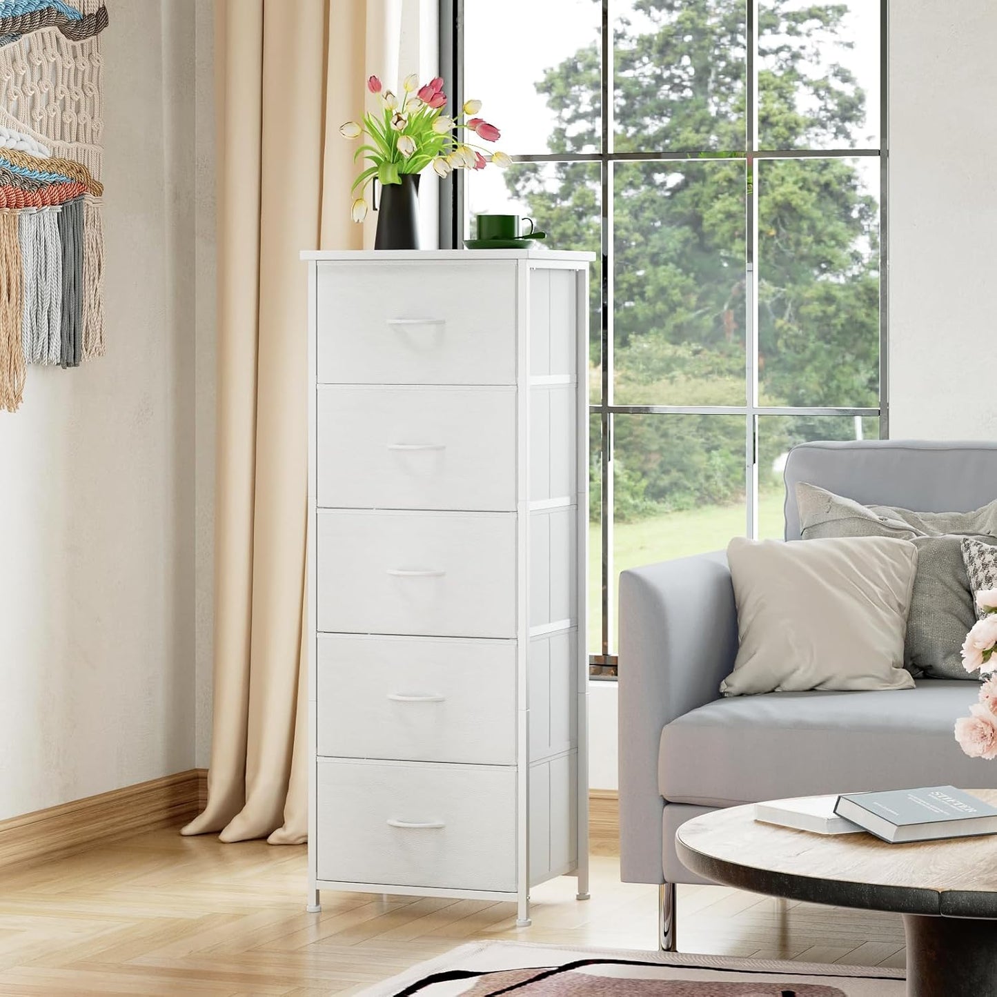 Tall Dresser for Bedroom with 5 Drawers, Storage Organizer Chest of Drawers with Removable Fabric Bins for Closet Bedside Nursery Laundry Living Room Entryway Hallway, White Leather