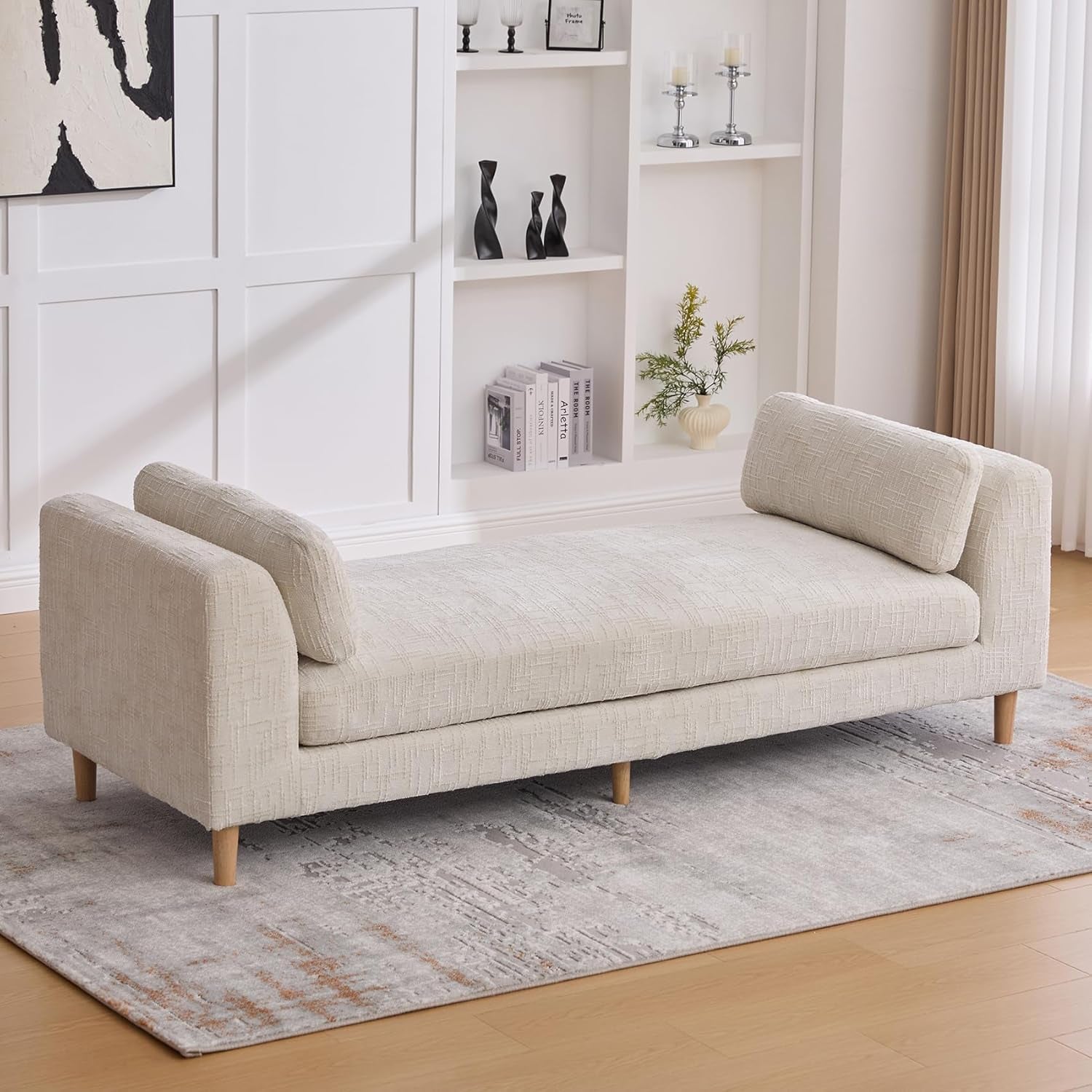 83.1" Oversized Chaise Lounge, Chenille Upholstered End of Bed Bench with Arms, Sleeper Sofa Daybed with 2 Pillows for Bedroom, Living Room, Window Seat, Beige.