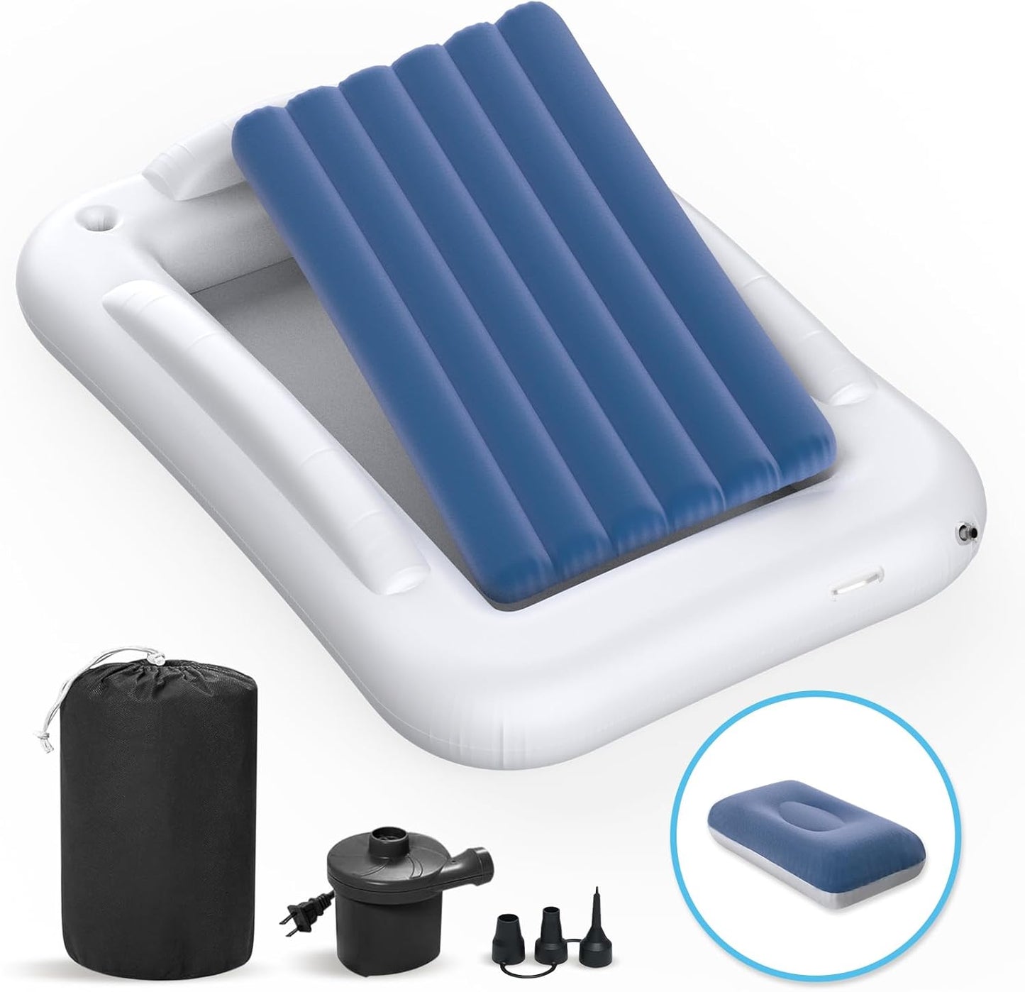 Inflatable Toddler Travel Bed - 60 Inches Portable Toddler Bed for Travel with Safety Sides - Cozy Kids Air Mattress Set with High-Speed Pump & Carry Case - Lightweight & Easy to Inflate -Blue