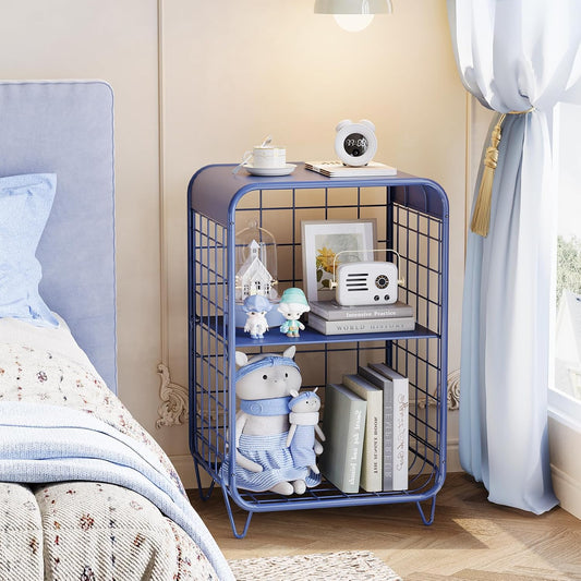 Cute Nightstand,Metal Side Table,3-Tier Modern End Table with Storage Shelf, Unique Side Tables, Cute Coffee Table for Living Room, Small Table for Bedroom,Navy Blue
