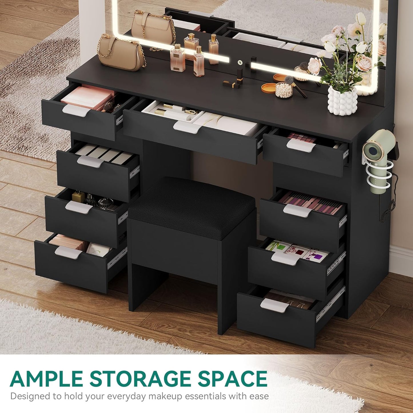 46'' Vanity Desk with Large LED Lighted Mirror & Charging Ports, 11-Drawer Makeup Table Set with Storage Stool for Dressing Room, 3 Lighting Modes Brightness Adjustable, Black Finish