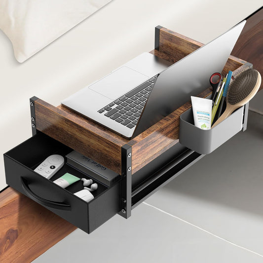 2 Tier Dorm Bed Shelf, Bedside Shelf for Dorm Top Bunk, Nightstand Bedside Table Tray with Fabric Drawer & Storage Box, Bunk Bed Shelf Bedside Tray with Cable Management for Dormitory