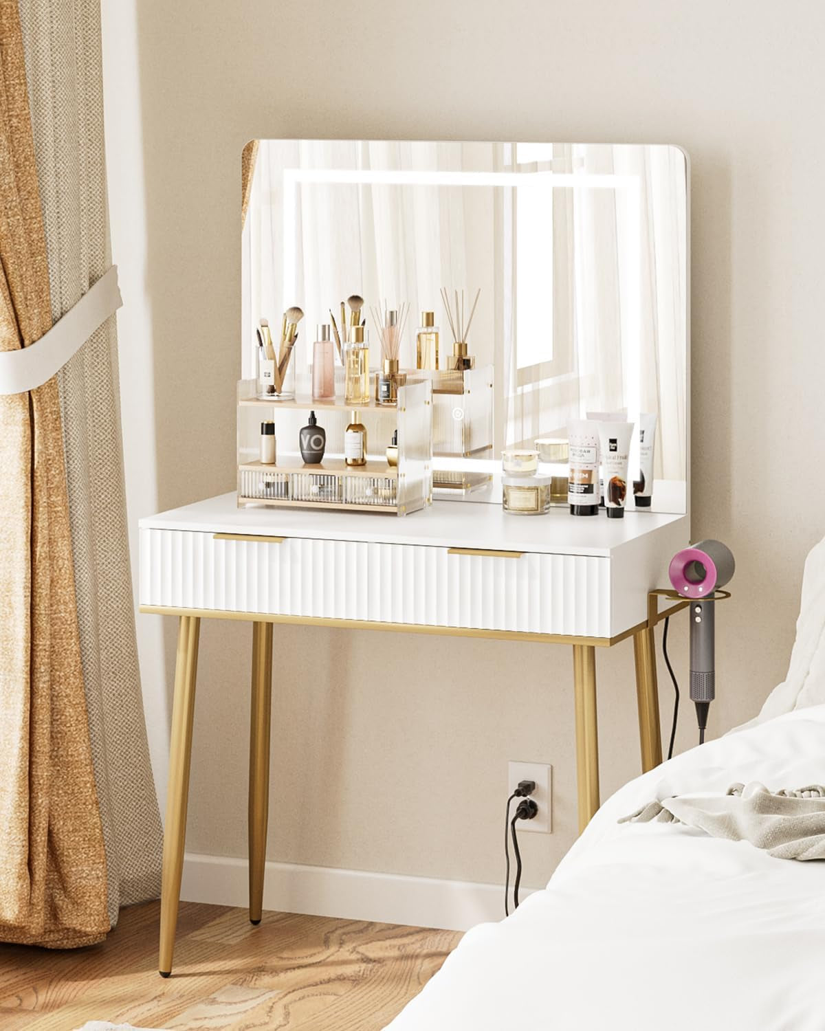 Makeup Vanity Desk with Lights and Mirror, Small Makeup Vanity Table with 2 Drawers, Dressing Table with 3 Adjustable Lighting Color, Small Makeup Desk for Bedroom, White with Gold Leg
