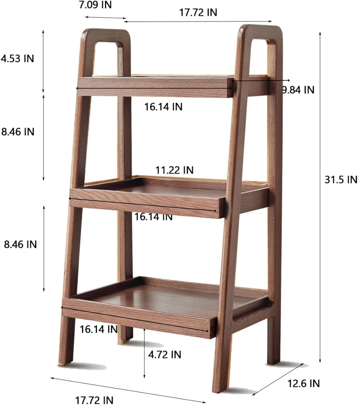 100% Solid Wood 3-Tiers Ladder Shelf, Small Bookcase, Ladder Bookshelf, End/Side Table for Living Room, Display Storage Open Shelf for Bedroom Kitchen Bathroom (Walnut Color)
