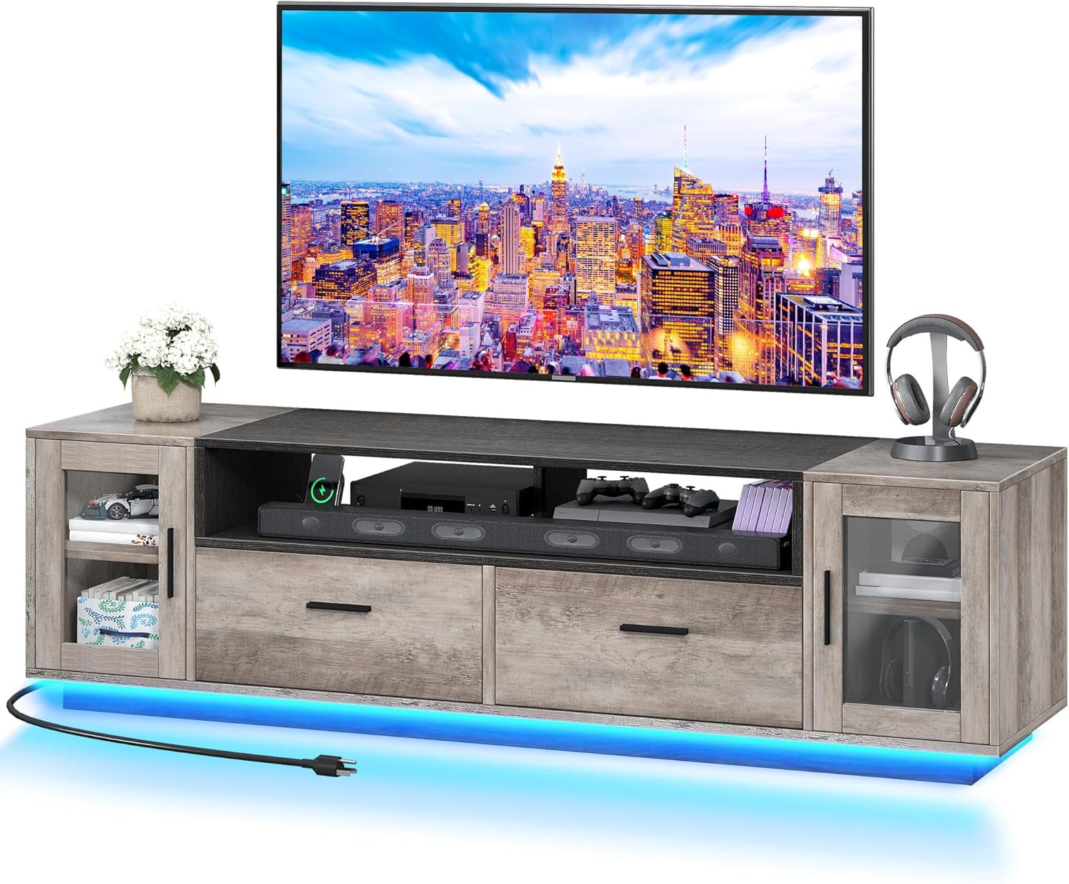 TV Stands for Living Room, Farmhouse TV Stand for 65/70 Inch TV, LED TV Entertainment Center with Storage & Power Outlets, TV Console Cabinet, Rustic Grey