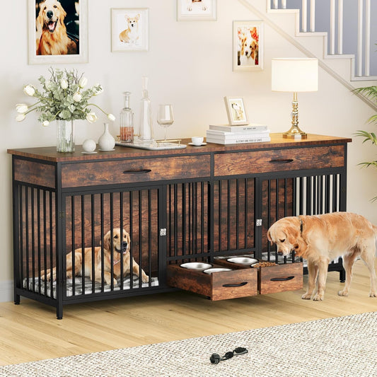 91.3" Double Dog Crate Furniture with Dog Feeder, Heavy Duty Indoor Dog Kennel TV Stand with Drawers, Sturdy Dog Kennel with Divider for 2 Medium Large Dogs, Brown