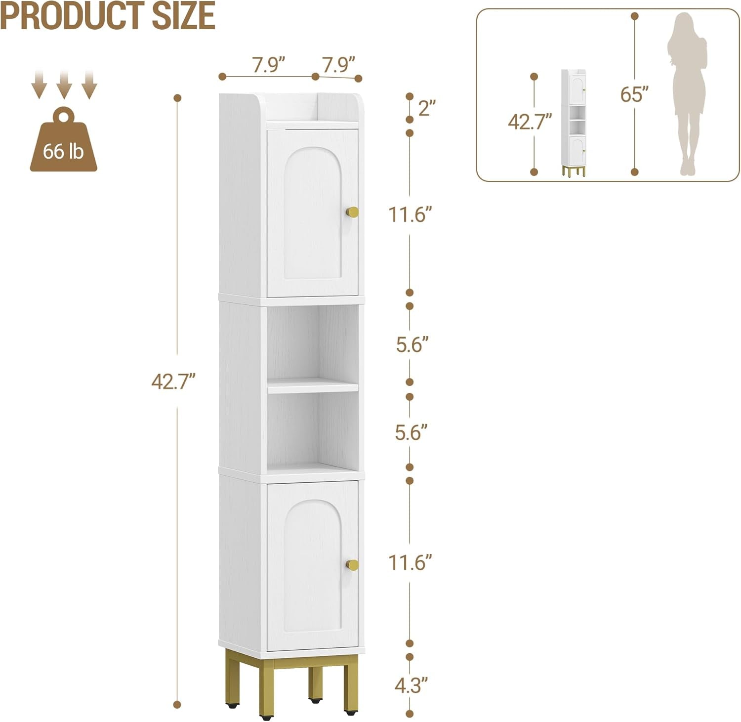 Narrow Bathroom Storage Cabinet, Bathroom Organizers and Storage with 2 Doors, Open Space，Adjustable Shelf, Laundry Room Organization for Small Space, Kitchen, Living Room, White BC22413G