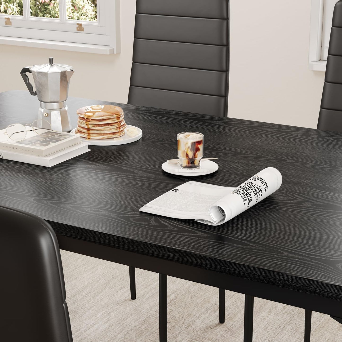Dining Table Set for 4, Kitchen Table Chairs Set of 4, 5 Piece Kitchen Table Set with 4 Upholstered PU Leather Chairs for Dining Room, Living Room, Apartment, Small Space, Black
