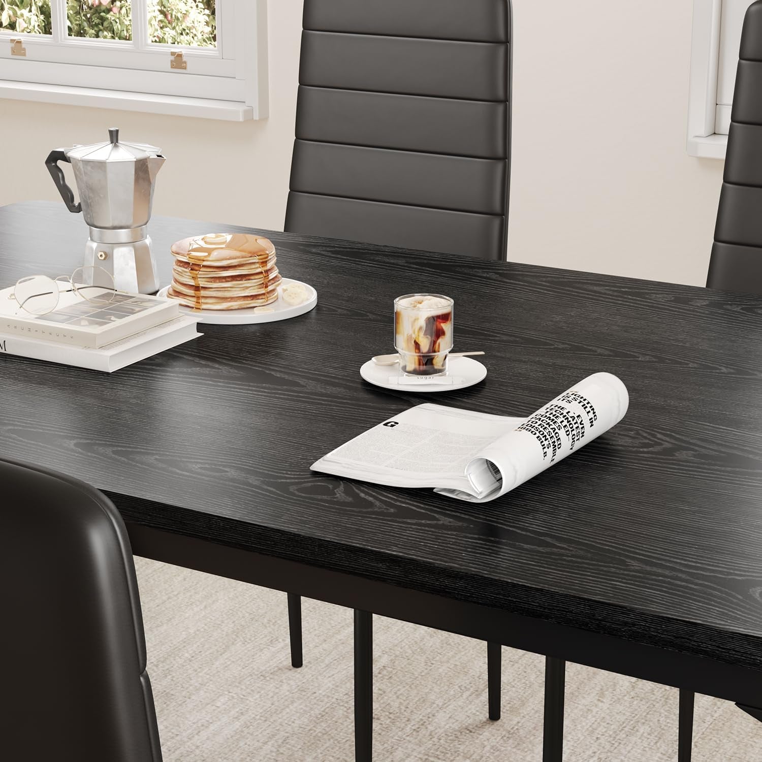 Dining Table Set for 4, Kitchen Table Chairs Set of 4, 5 Piece Kitchen Table Set with 4 Upholstered PU Leather Chairs for Dining Room, Living Room, Apartment, Small Space, Black