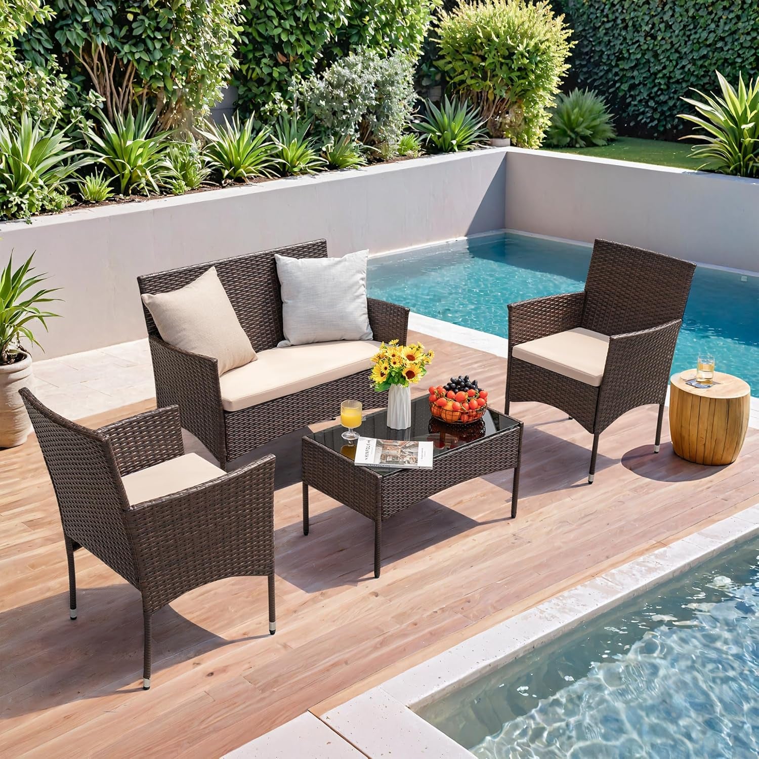 4 Pieces Outdoor Patio Furniture Sets Rattan Chair Wicker Set,Outdoor Indoor Use Backyard Porch Garden Poolside Balcony Furniture (Brown and Beige)