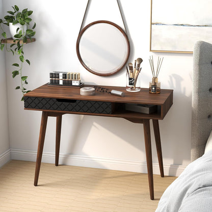 Mid-Century Modern Computer Desk, Home Office Desk W/Drawer & Open Compartment, Laptop PC Desk W/Rubber Wood Legs, Makeup Vanity Table, Vintage Writing Desk Workstation for Study, Bedroom