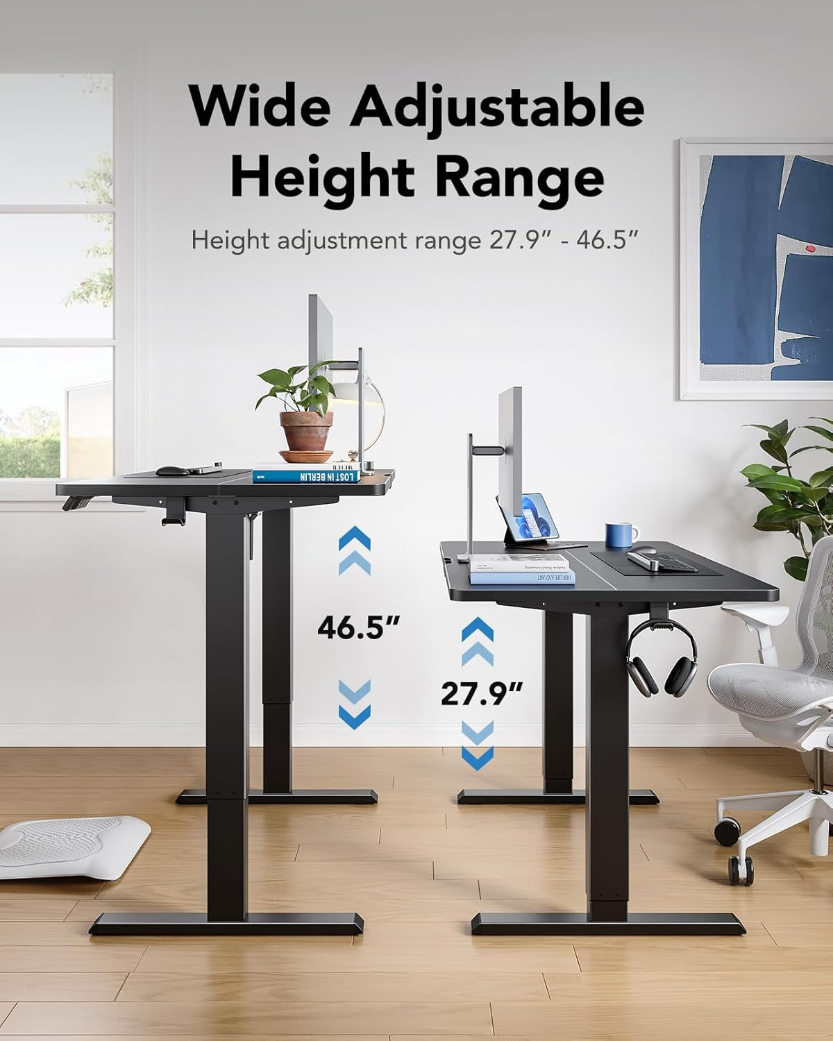 48" X 24" Electric Standing Desk Adjustable Height, 4 Memory Height Settings, Headphone Hook, Cable Manager, Sit Stand up Desk for Home Office & Computer Workstation, Black
