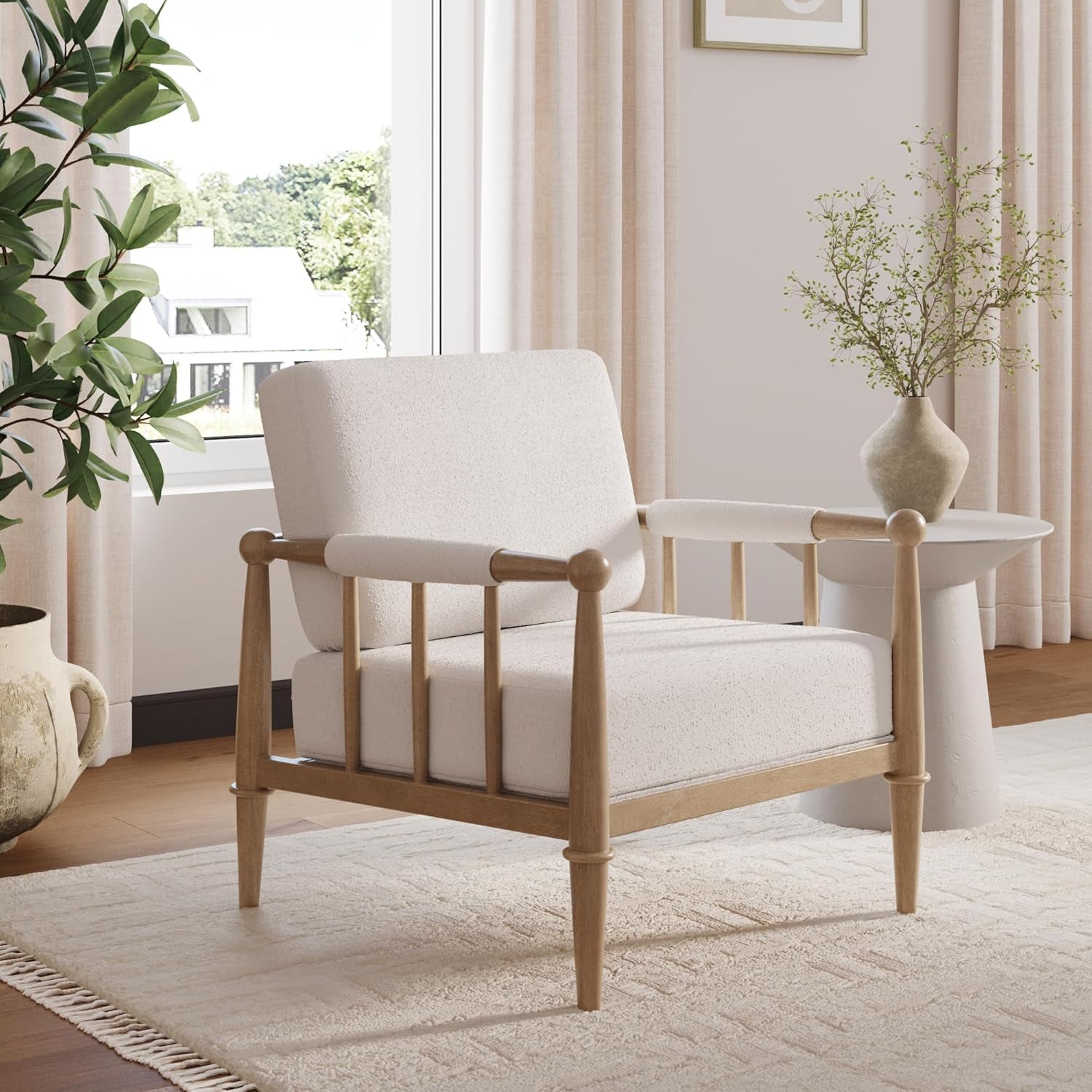 Spencer Boucle Accent Chair, Bohemian Armchair with Solid Wood Frame and Upholstered Foam Cushion, Cream/Light Brown