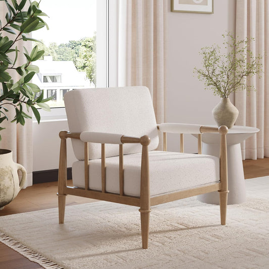 Spencer Boucle Accent Chair, Bohemian Armchair with Solid Wood Frame and Upholstered Foam Cushion, Cream/Light Brown