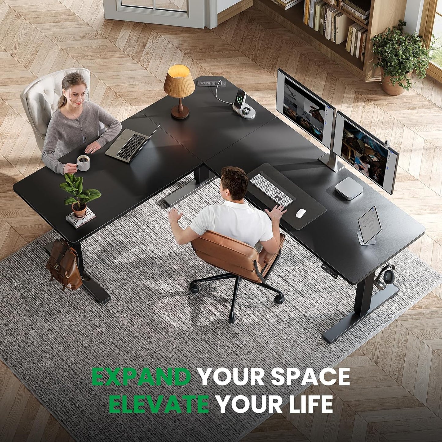 L-Shaped Standing Desk - 63 X 55 Inch Adjustable Corner Standing Desk with Charging Station - L Shape Sit Stand Table with Memory Controller, Splice Board for Home Office