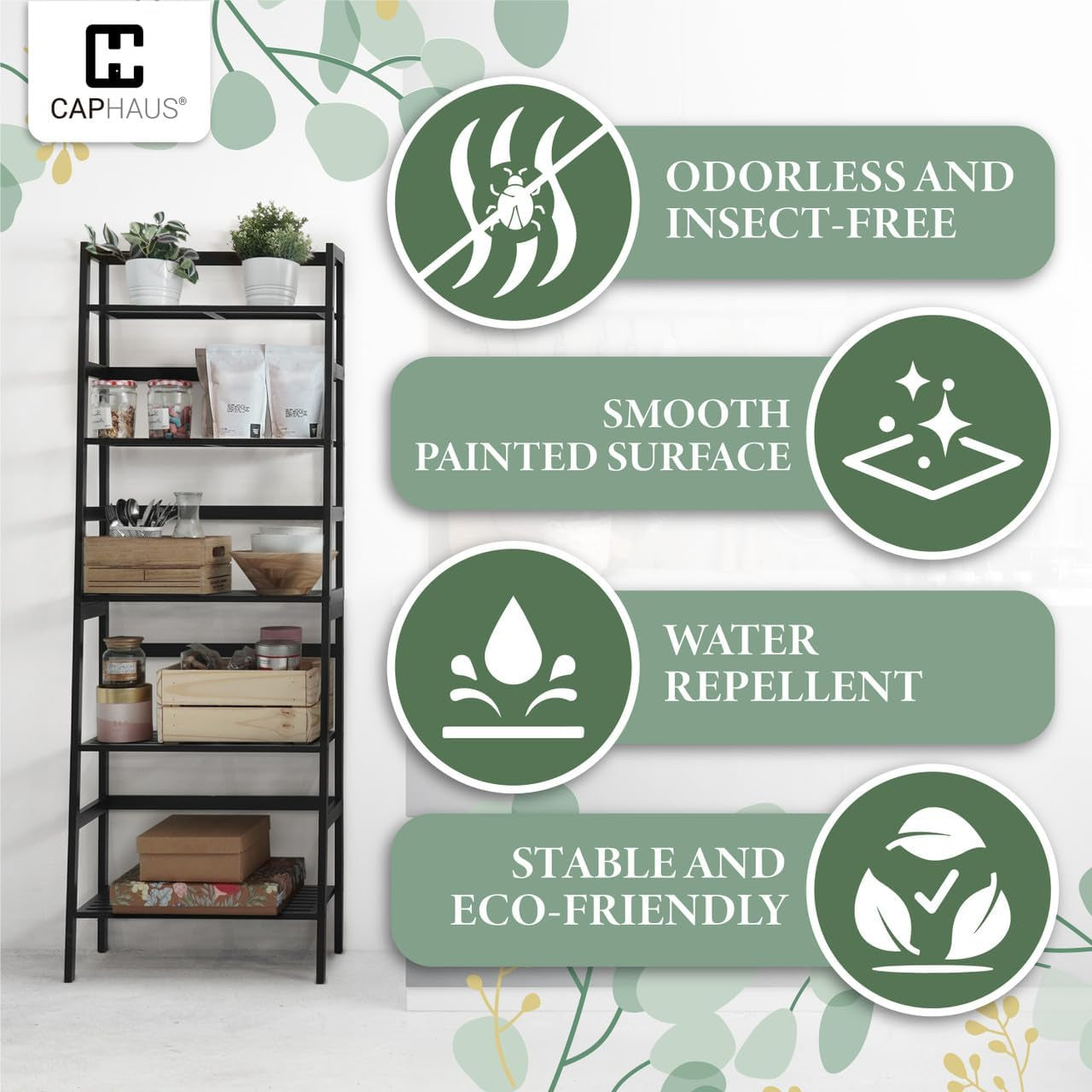 Bookshelf, 5-Tier Ladder Shelf, Floor Bookcase with Bamboo Frame,Freestanding Storage Shelves Corner Shelf, for Living Room,Home Office,Bedroom,Kitchen,Bathroom,Plant Stand,White