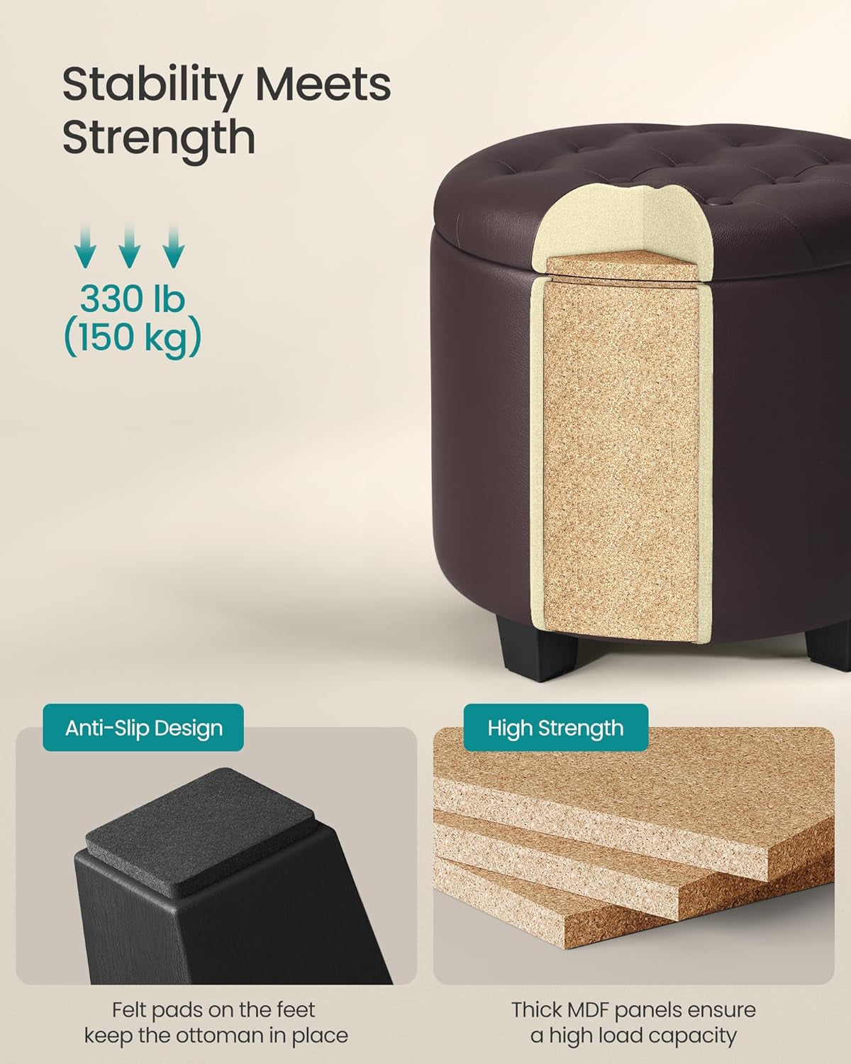 round Ottoman, Ottoman with Storage, 17.7 X 17.7 X 17.5 Inches, Foot Rest with Legs, Synthetic Leather, Load up to 330 Lb, for Living Room, Bedroom, Chestnut Brown ULOM014K01
