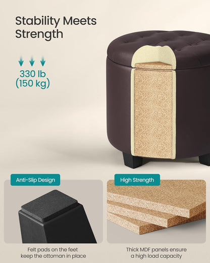 round Ottoman, Ottoman with Storage, 17.7 X 17.7 X 17.5 Inches, Foot Rest with Legs, Synthetic Leather, Load up to 330 Lb, for Living Room, Bedroom, Chestnut Brown ULOM014K01