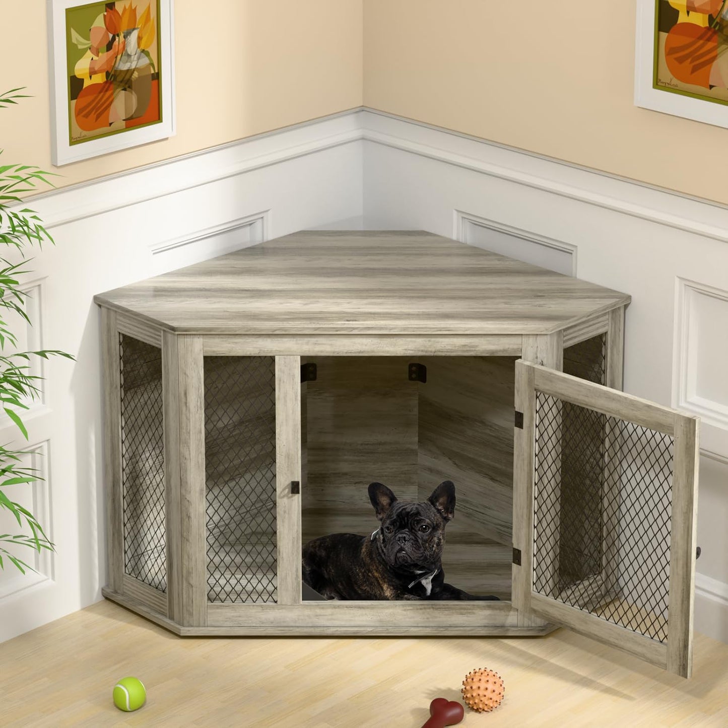 Coner Dog Crate Furniture, 44" Wooden Dog Kennel Furniture End Table with Mesh, Dog Kennel Indoor Furniture for Small Medium Dogs, Modern Decorative Wood Pet House Dog Cage Crate, Grey
