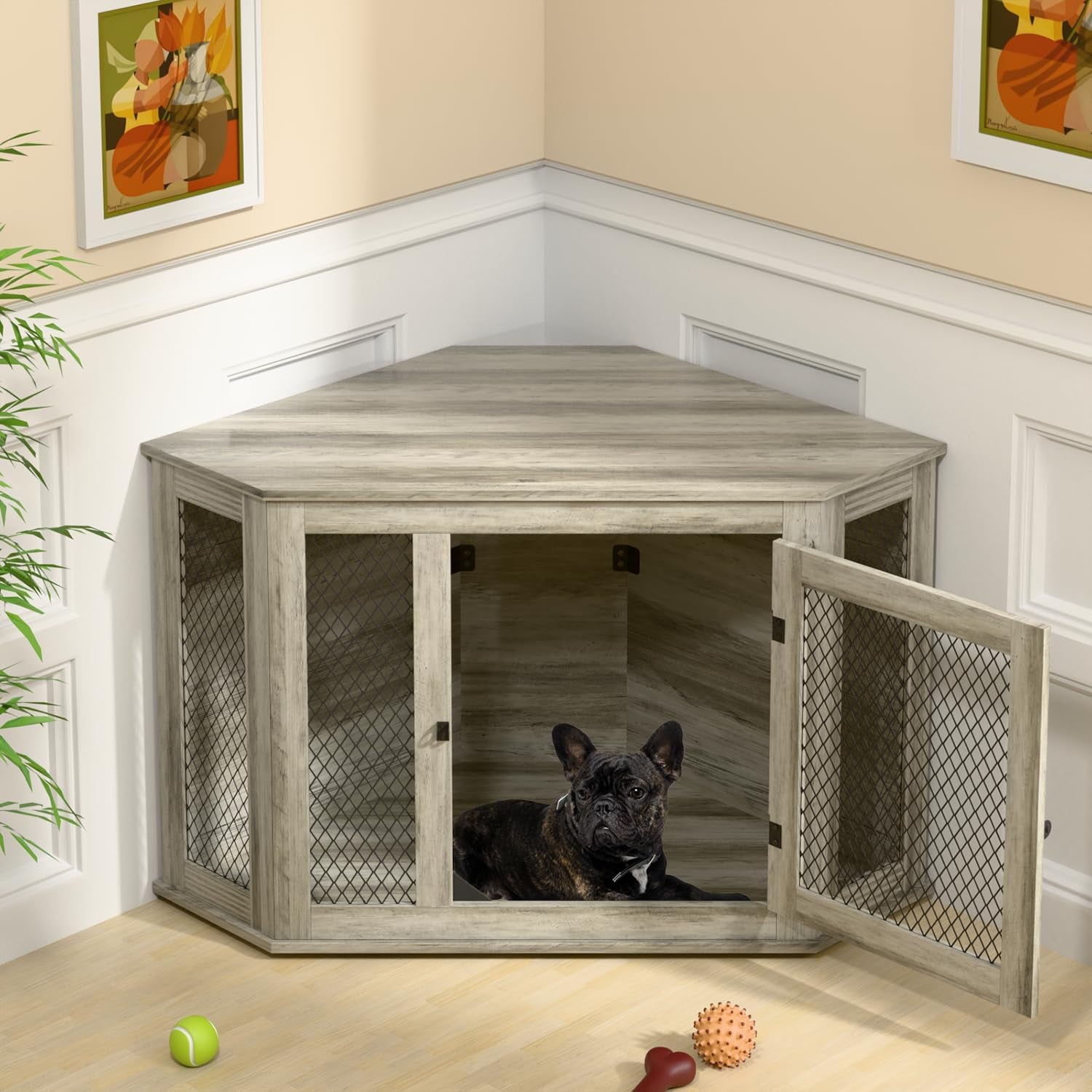 Coner Dog Crate Furniture, 44" Wooden Dog Kennel Furniture End Table with Mesh, Dog Kennel Indoor Furniture for Small Medium Dogs, Modern Decorative Wood Pet House Dog Cage Crate, Grey