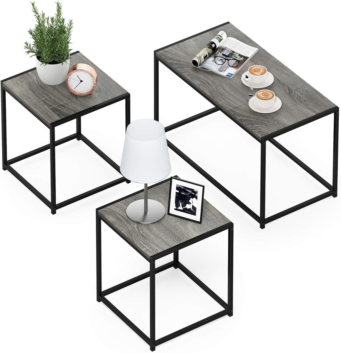 Camus Modern Living Room Coffee Table with 2 End Tables Set, French Oak Grey