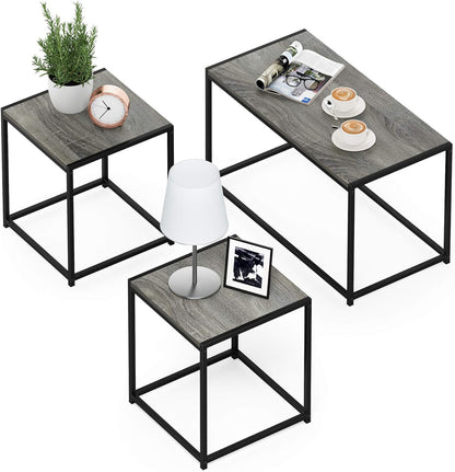 Camus Modern Living Room Coffee Table with 2 End Tables Set, French Oak Grey